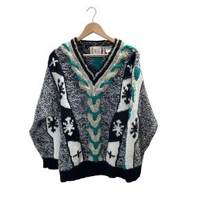 Vintage Novo Sweater Women's Size Large Black Green Geometric Mohair Wool Blend